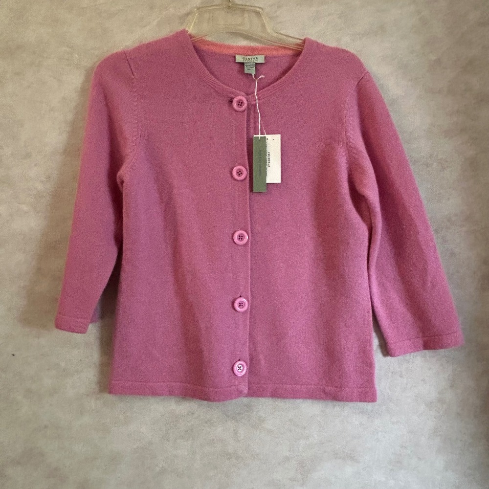 Geneva Cashmere Pink Cardigan Sweater 100% Cashmere Button Front Size L NWT